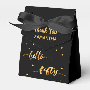 50th birthday black gold hello 50 name script favour box