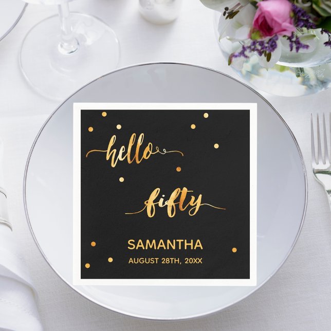 50th birthday black gold hello 50 name script napkin (Creator Uploaded)