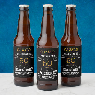 50th Birthday Black Gold Legendary Funny Beer Bottle Label