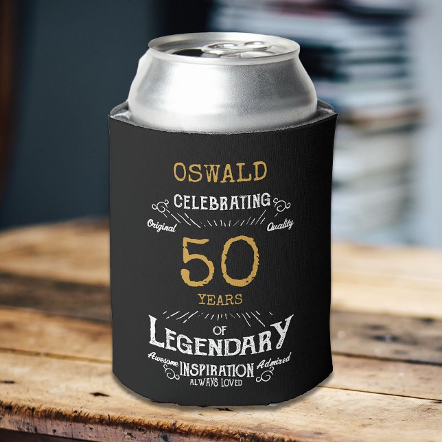 50th Birthday Black Gold  Legendary Funny Can Cooler (A personalized elegant 50th birthday can cooler that is easy to customize)