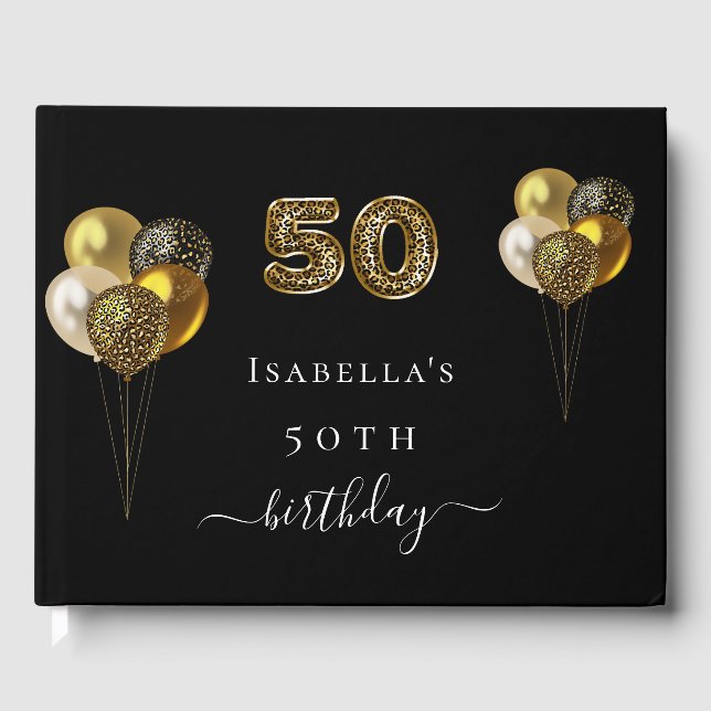 50th birthday black gold leopard animal birthday guest book (Front)