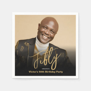 50th Birthday Black Gold Modern Chic Custom Photo Napkin