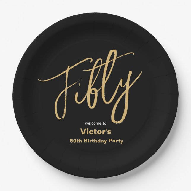 50th Birthday Black Gold Modern Typography Custom Paper Plate (Front)