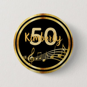 50th birthday black gold music notes 6 cm round badge