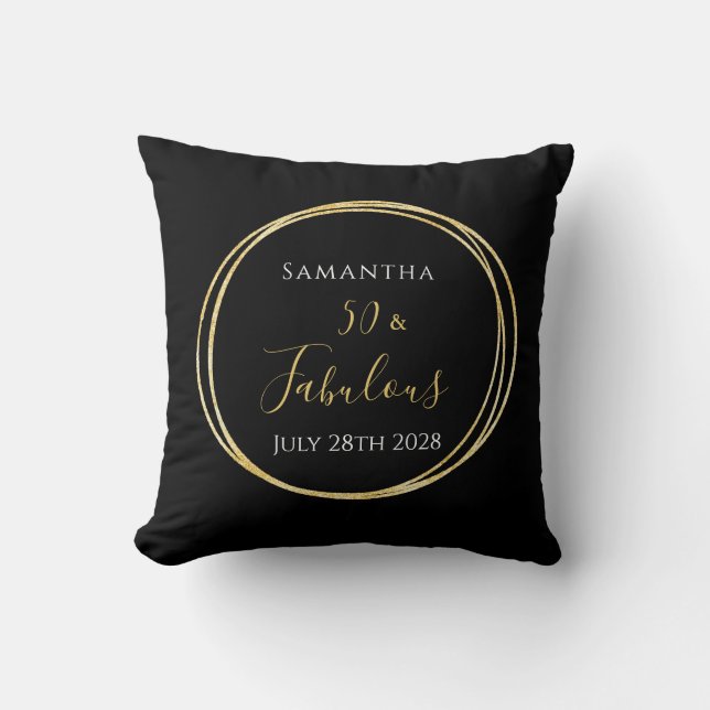 50th Birthday Black Gold Personalised Cushion (Front)