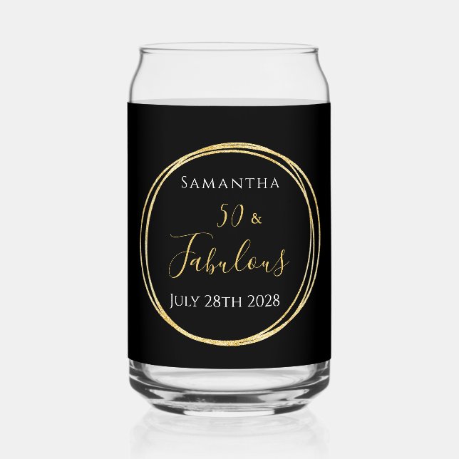 50th Birthday Black Gold Personalised Party Favour Can Glass (Front)