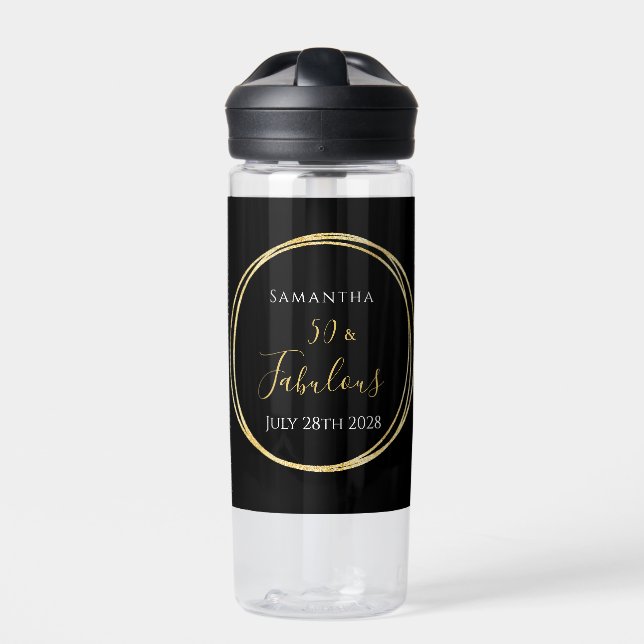 50th Birthday Black Gold Personalised Water Bottle (Front)