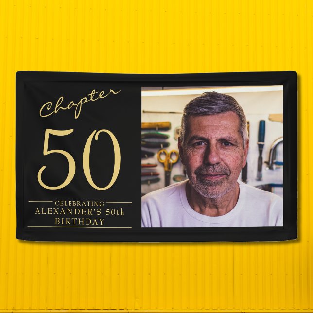 50th Birthday Black Gold Photo Banner (Create a unique 50th birthday party banner. Add your details and favorite photo. )