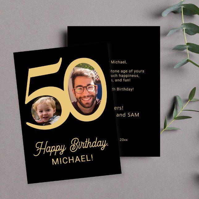 50th birthday black gold photo card (Creator Uploaded)