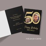 50th birthday black gold photo card<br><div class="desc">Trendy bold age typography 50 years man birthday funny folded greeting card template with 2 photos and modern retro style script. Easy to personalise with your text and pictures on both sides. Digital download available.</div>