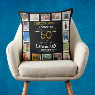 50th Birthday Black Gold Photo Collage Cushion