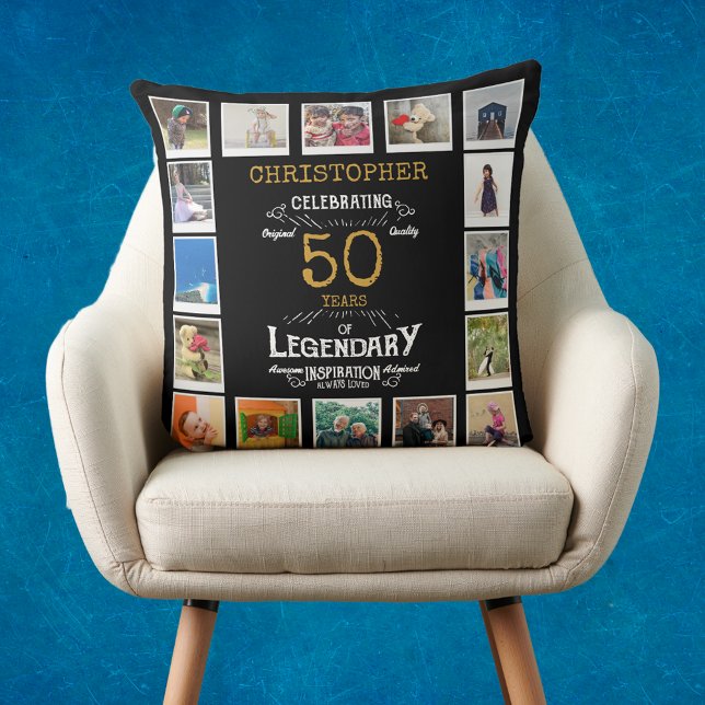 50th Birthday Black Gold Photo Collage Cushion (Personalized 50th birthday gift throw pillow with 16 photos of your choice.)