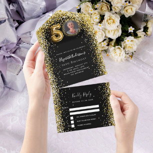 50th birthday black gold photo rsvp all in one invitation