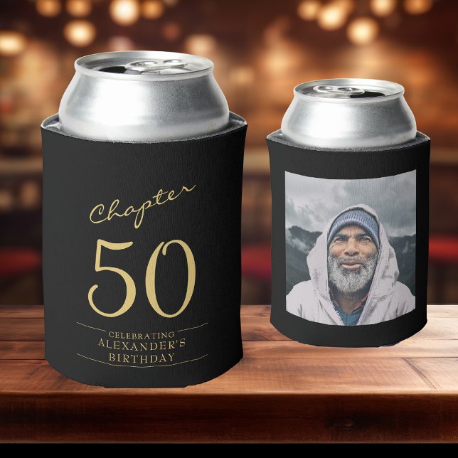50th Birthday Black Gold Photo Template Can Cooler (50th birthday can coolers on a bar showing front and rear)