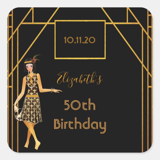 50th birthday black gold roaring 1920 art deco square sticker (Front)