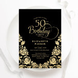50th Birthday Black Gold Roses Invitation<br><div class="desc">Black gold elegant 50th birthday party invitation. Classy design featuring roses,  faux gold foil and typography script font. Trendy invite card perfect for a stylish female bday celebration. Personalise with your own details. Can be customised to any age. Printed Zazzle invitations or instant download digital printable template.</div>