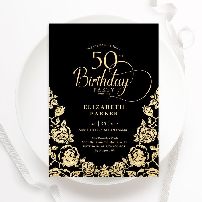 50th Birthday Black Gold Roses Invitation (Creator Uploaded)