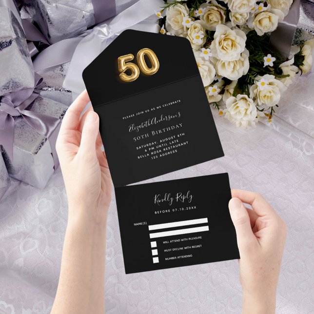50th birthday black gold rsvp all in one invitation (Creator Uploaded)
