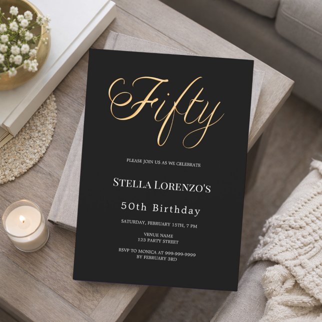 50th birthday black gold script typography invitation (Creator Uploaded)