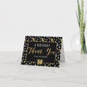 50th Birthday Black Gold Silver Confetti with Name Thank You Card
