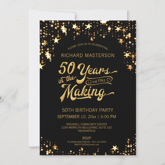 50th Birthday Black & Gold Stars Invitation (Front)