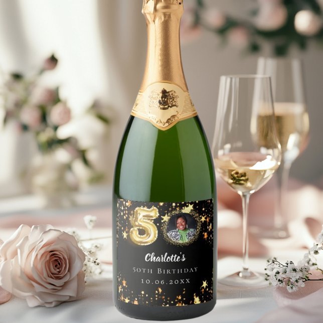 50th birthday black gold stars photo sparkling wine label (Creator Uploaded)
