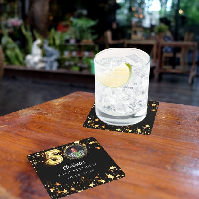 50th birthday black gold stars photo square paper coaster (Creator Uploaded)