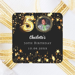 50th birthday black gold stars photo square sticker