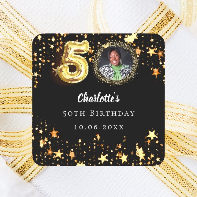 50th birthday black gold stars photo square sticker (Creator Uploaded)