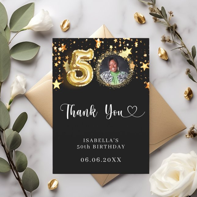 50th birthday black gold stars photo thank you card (Creator Uploaded)