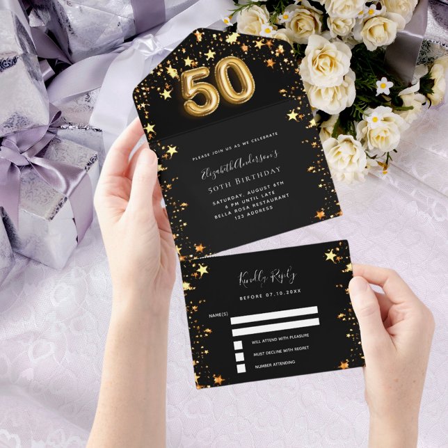 50th birthday black gold stars rsvp all in one invitation (Creator Uploaded)