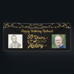 50th Birthday Black Gold String Lights Photos Banner<br><div class="desc">Celebrate a 50th birthday with this black and gold party banner sign with string lights featuring a retro typography title design of 50 YEARS IN THE MAKING that incorporates their birth year as part of the design, 2 photos (fun to include Then and Now photos) and your personalised custom message...</div>