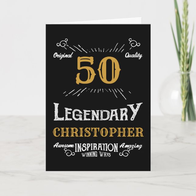50th Birthday Black Gold White Elegant Funny Retro Card (Front)