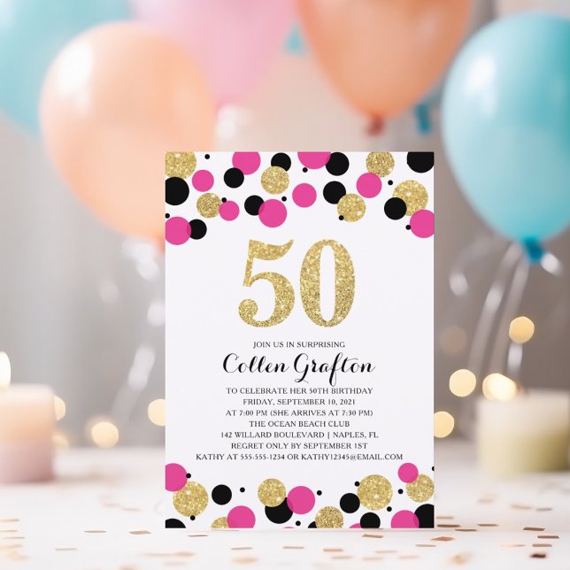 50th Birthday Black Hot Pink Gold Glitter Confetti Invitation (Creator Uploaded)
