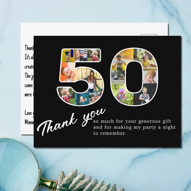50th Birthday Black Photo Collage Thank You Postcard (50th birthday thank you postcard with photo montage.)