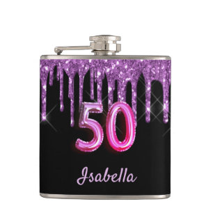 50th birthday black purple glitter monogram hip flask