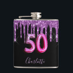 50th birthday black purple glitter script friends hip flask<br><div class="desc">A gift from friends for a girly and glamourous 50th birthday girl. A classic black background with purple faux glitter drips, paint dripping look. Personalise and add a name.The text: The name is written in violet with a modern hand lettered style script. Age 50 is written with a trendy balloon...</div>