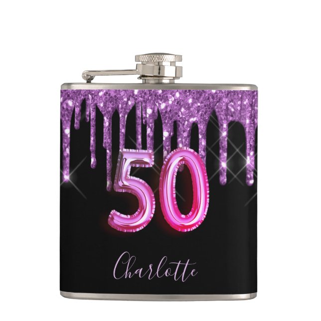 50th birthday black purple glitter script friends hip flask (Front)
