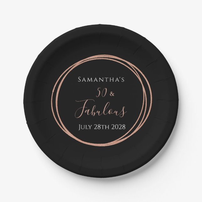 50th Birthday Black Rose Gold Birthday Party Paper Plate (Front)