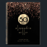 50th Birthday Black Rose Gold Glitter Guestbook Notebook<br><div class="desc">Elegant 50th Black Birthday Party Celebration Guestbook Blush Pink Rose Gold Glitter Sparkle Brushed Metal Name Feminine Script Custom Text Template Guest Book</div>