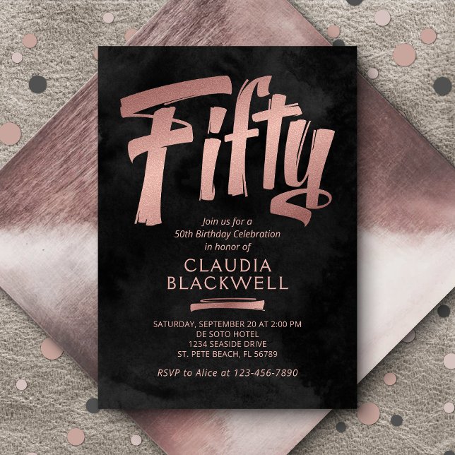 50th Birthday Black Rose Gold Invitation (Creator Uploaded)