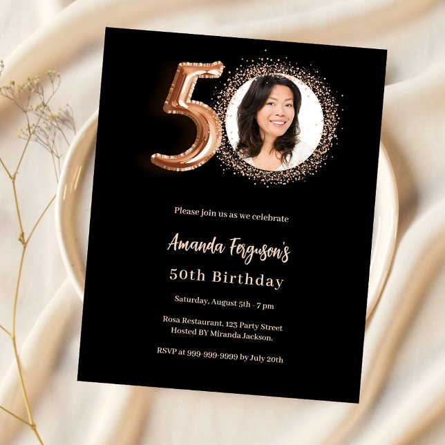 50th Birthday black rose gold photo invitation (Creator Uploaded)