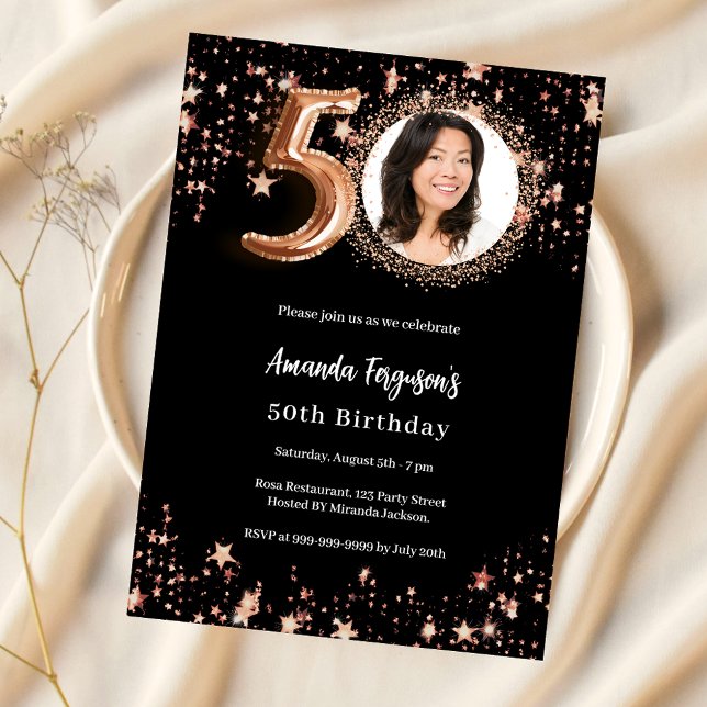 50th Birthday black rose gold photo stars luxury Invitation (Creator Uploaded)