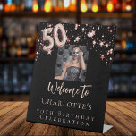 50th birthday black rose gold photo stars welcome pedestal sign<br><div class="desc">A welcome sign for a glamourous 50th birthday party.  A classic black background decorated with rose gold stars.  Personalise and add a photo and name.  Number 50 is written with a balloon style font.</div>