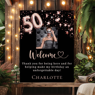 50th birthday black rose gold photo stars welcome poster