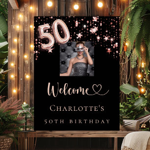 50th birthday black rose gold photo stars welcome poster