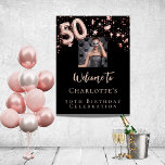 50th birthday black rose gold photo stars welcome poster<br><div class="desc">A welcome poster for a glamourous 50th birthday party.  A classic black background decorated with rose gold stars.  Personalise and add a photo and name.  Number 50 is written with a balloon style font.</div>