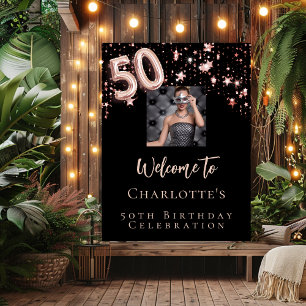 50th birthday black rose gold photo stars welcome poster