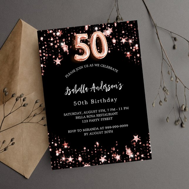 50th birthday black rose gold stars luxury invitation (Creator Uploaded)