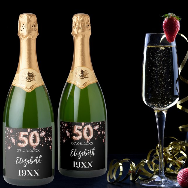 50th Birthday black rose gold stars Sparkling Wine Label (Creator Uploaded)